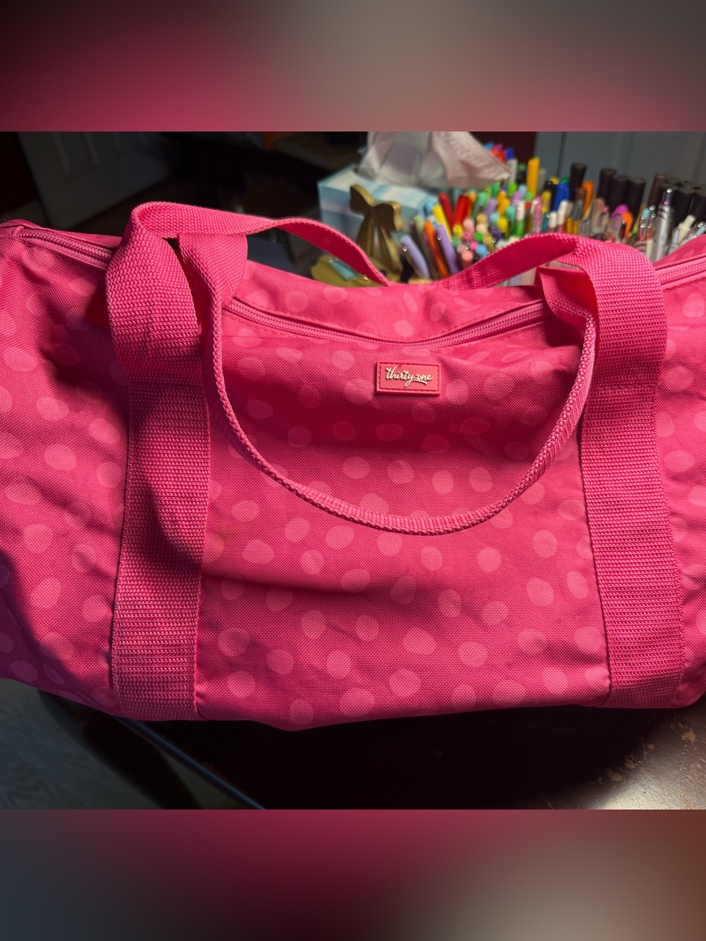 thirty-one Hot Pink Polka Dot Tote/gym Bag w/handles, no shoulder strap - Picture 1 of 11